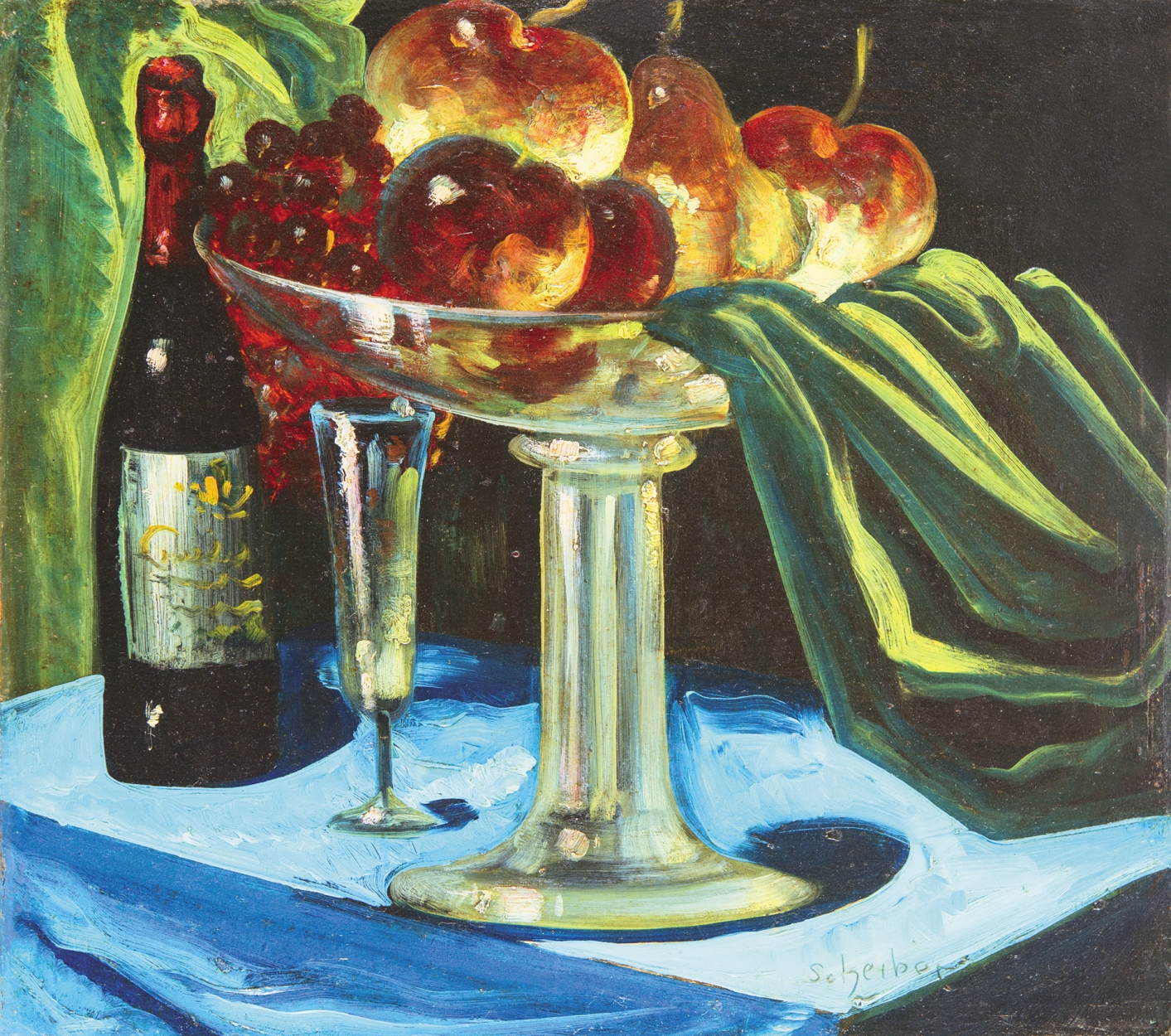 Scheiber Hugó Csendélet pezsgővel és gyümölcsökkel
