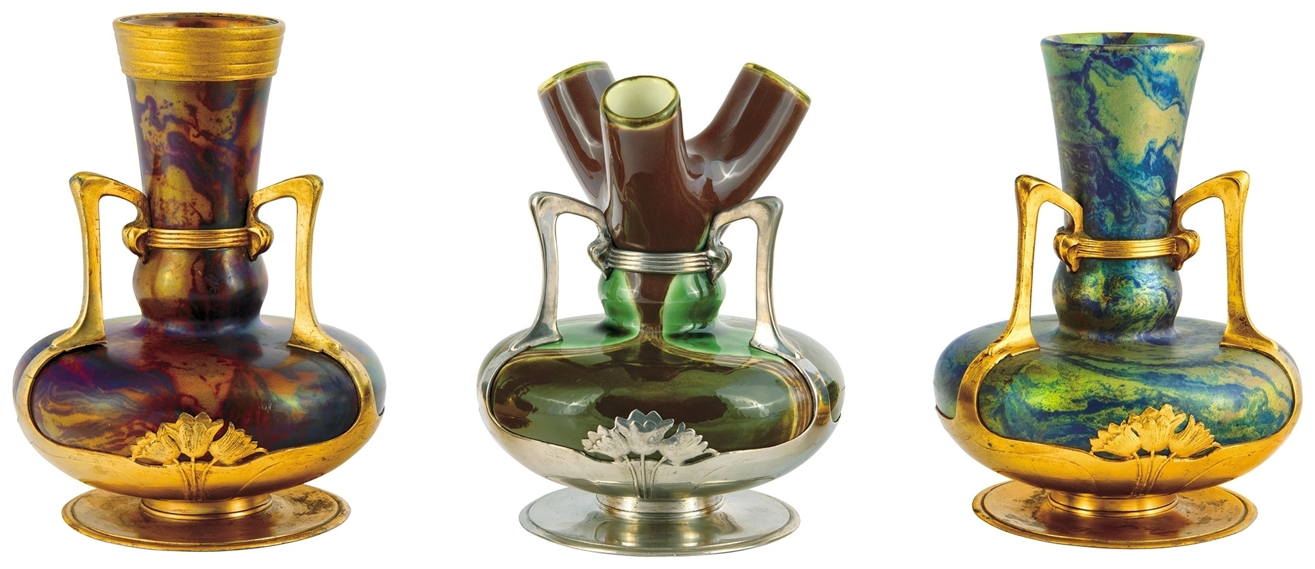 Zsolnay Ensemble; three Decor Vases in Metal Mounting, Zsolnay/Osiris,1904