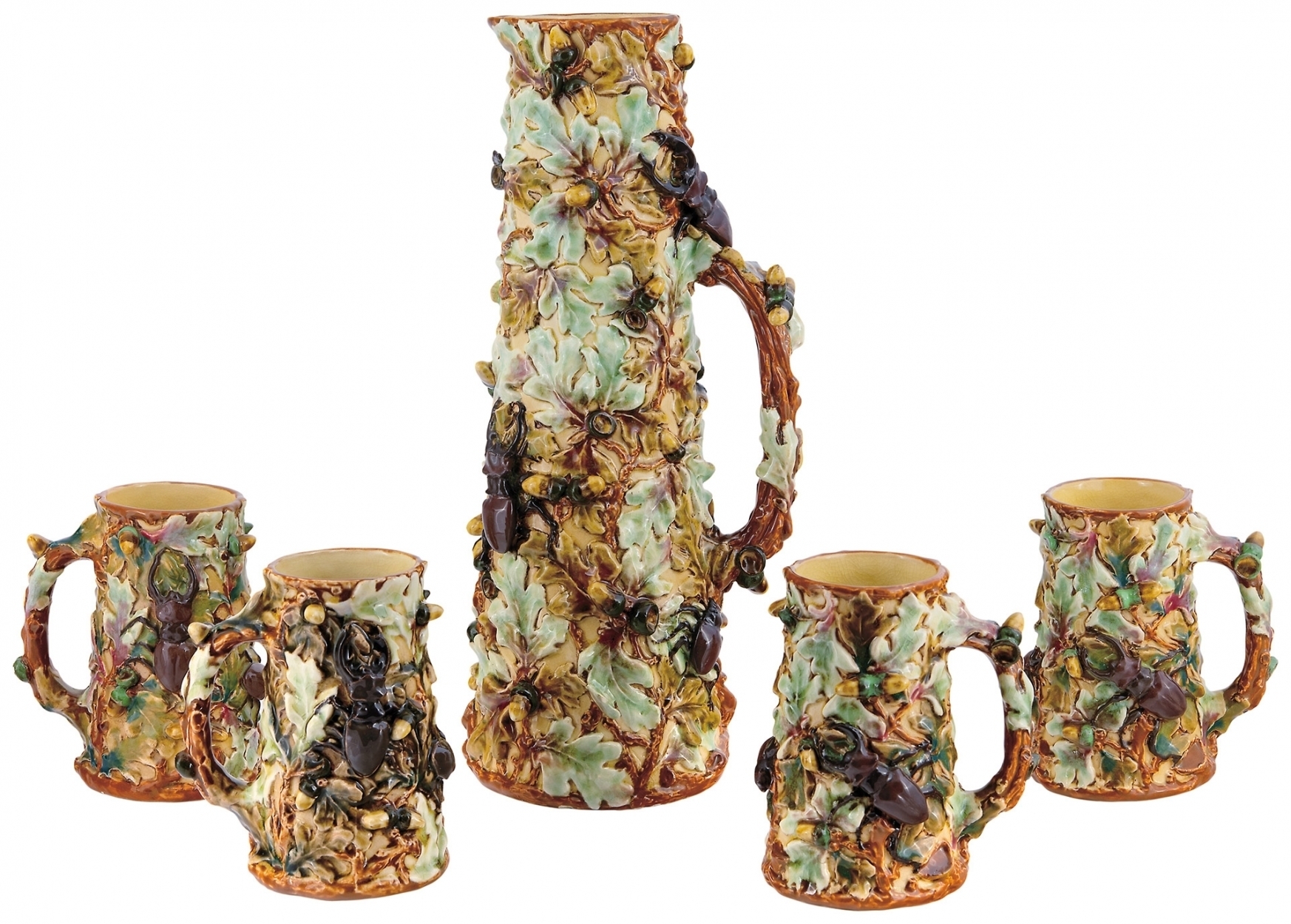 Zsolnay Decor Jug with Four Cups in Palissy Style, around 1893