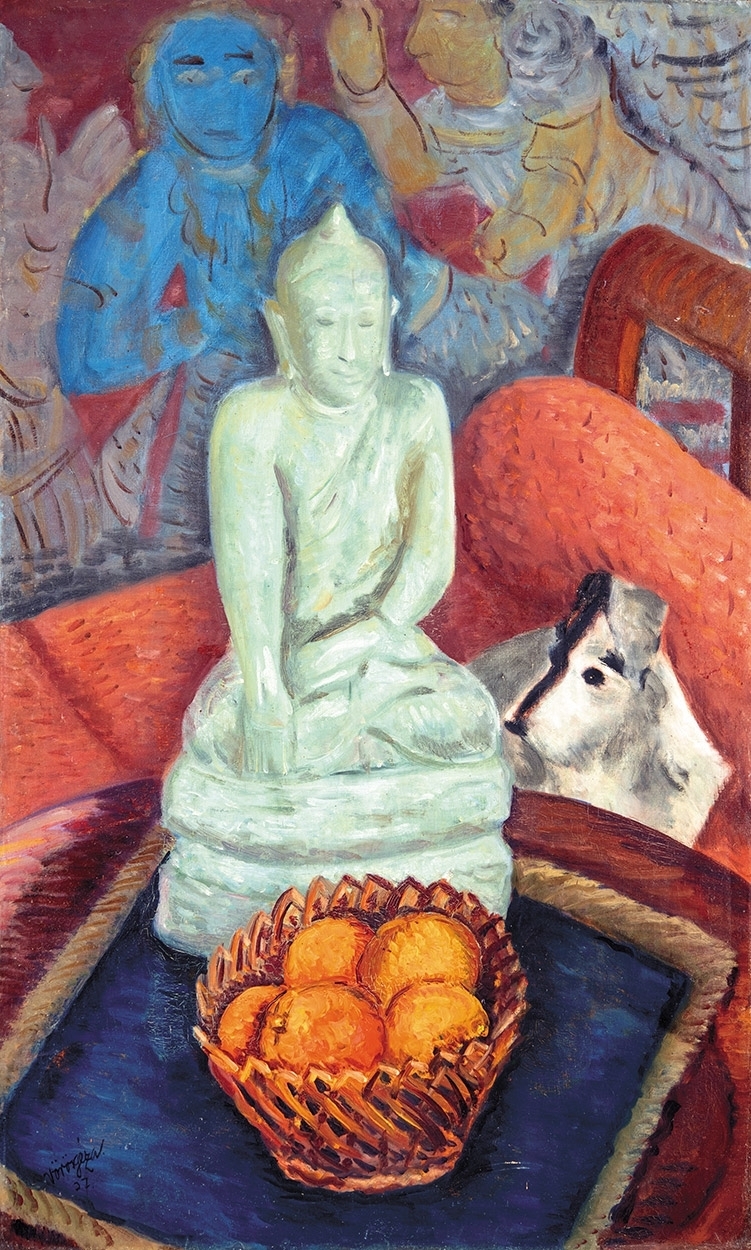 Vörös Géza (1897-1957) Narancsos csendélet Buddha szoborral, 1937