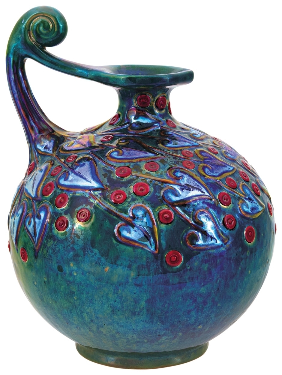 Zsolnay Decor Jug with Geometric Depiction of Leaves and small Fruits, around 1905