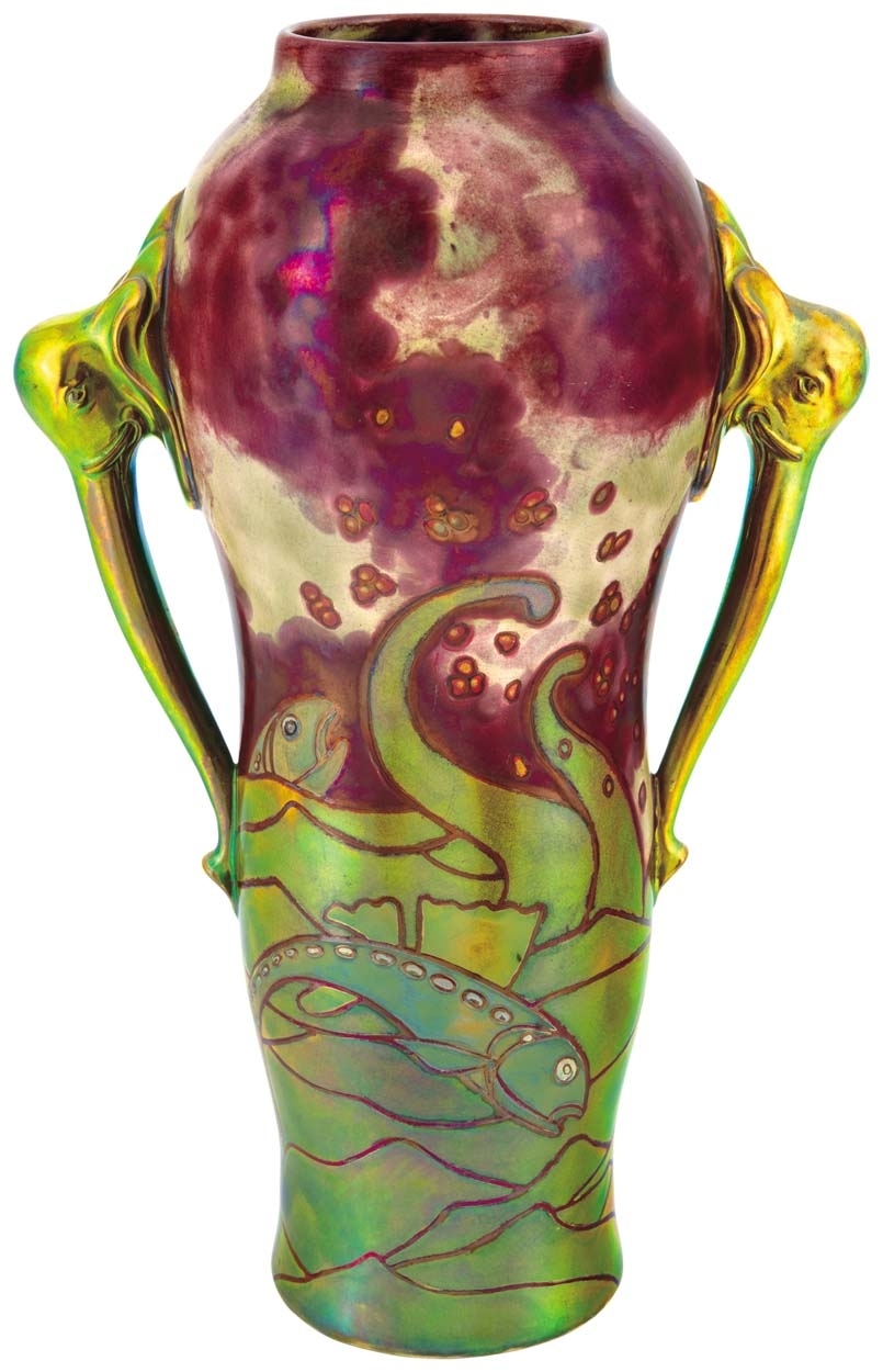 Zsolnay Vase with Aquatic Panorama Paint and two Elephanthead-Handles from the Venetian-Series, Zsolnay, 1900
