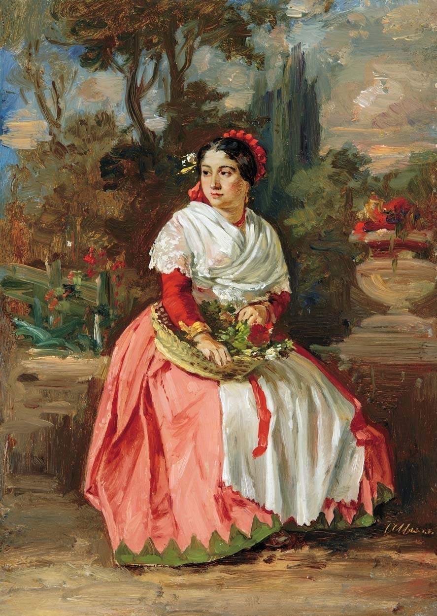 Ligeti Antal (1823-1890) Piros ruhás ülő nő (Albano-i asszony, Piroska, Olasz virágárusleány)