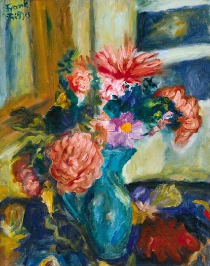 Frank Frigyes (1890-1976) Virág szőttes terítőn