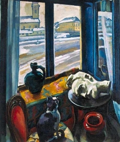 Ziffer Sándor (1880-1962) Csendélet gipszfejjel és macskával, 1933