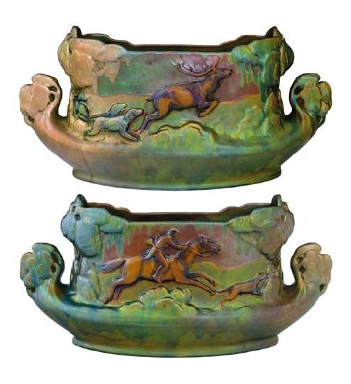 Zsolnay Flower pot ornamented with a hunting scene, Zsolnay, around 1905