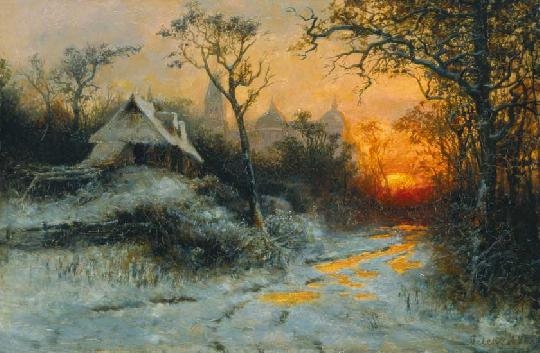 Telepy Károly (1828-1906) Wintery landscape at sunset, 1883
