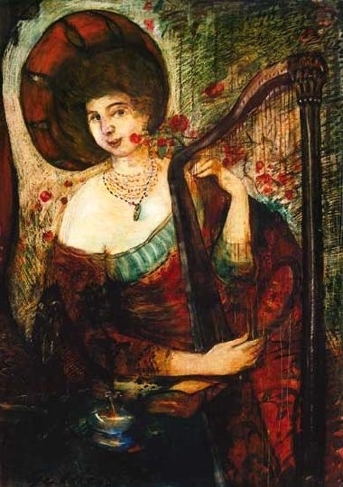 Gulácsy Lajos (1882-1932) Lady playing an old instrument