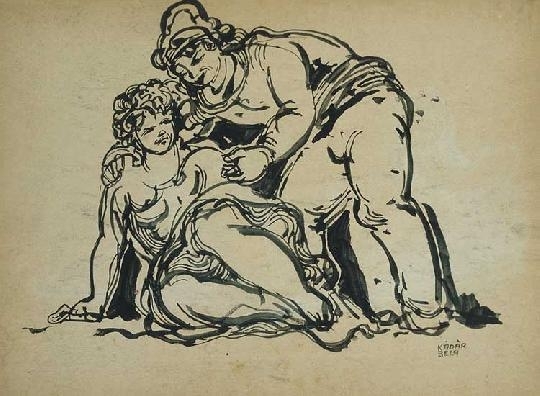 Kádár Béla (1877-1956) Reclining nude, On the reverse: Mother with child