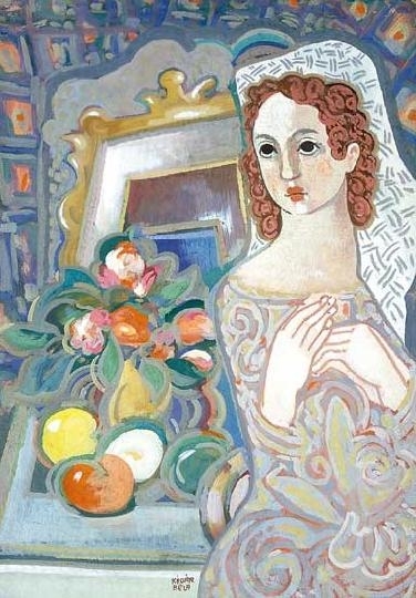 Kádár Béla (1877-1956) Veiled lady with still life