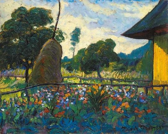 Kádár Géza (1878-1952) Flowers in the shadow of the haystack in the garden, 1928