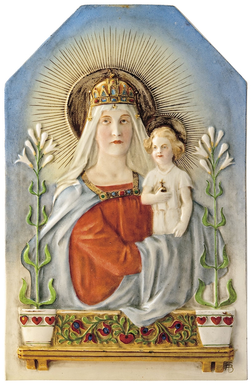 Zsolnay Ceramic painting of Mother Mary with Holy Crown holding the infant Christ, Zsolnay, 1889