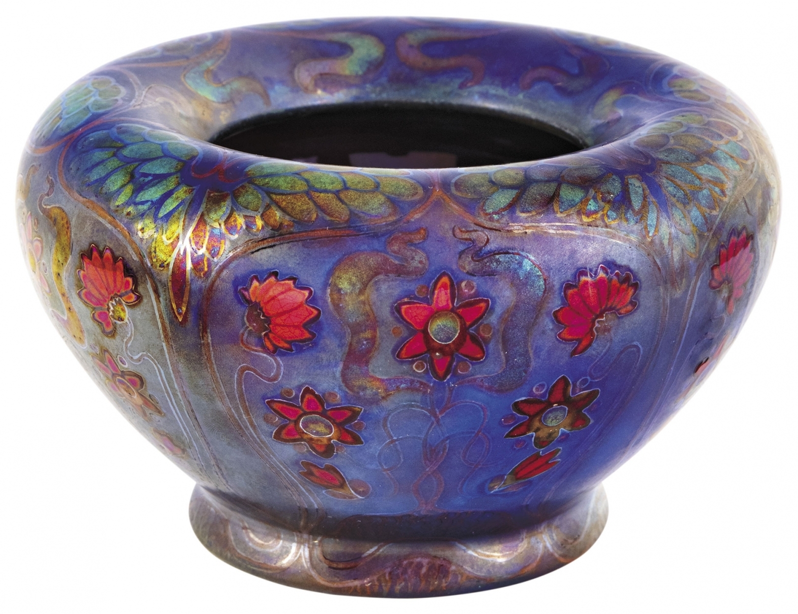Zsolnay Vase with edges folding back and a symmetrical Flower decor, Zsolnay, 1900