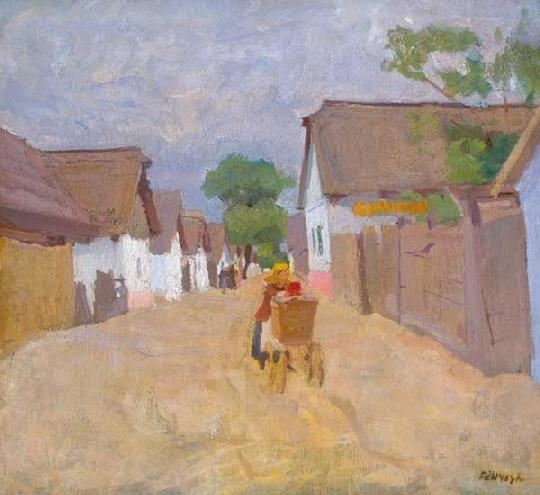Fényes Adolf (1867-1945) Village street with figures