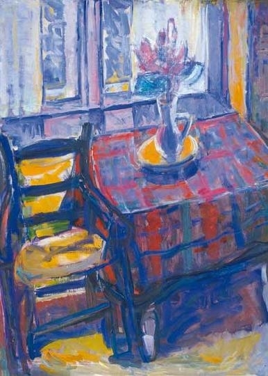 Futásfalvi Márton Piroska (1899-1996) Room interior (vase on checked table-cloth)
