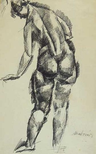Aba-Novák Vilmos (1894-1941) Female nude standing, from behind, On the reverse: sketch of a female nude