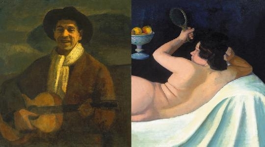 Czigány Dezső (1883-1938) Reclining nude with mirror On the reverse: Self-portrait with guitar