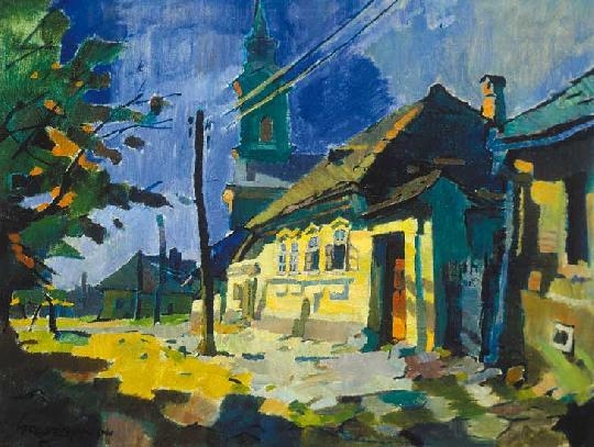 Nagy Oszkár (1883-1965) Street scene with church tower in Nagybánya, 1941