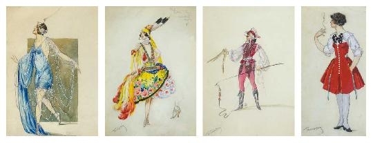 Faragó Géza (1877-1928) 4 costume designs (costume designs of Emmy Kosáry, Ilona Titkos, costume for Bagó (János vitéz), Sári Petráss playing the role of Helena the Beautiful)