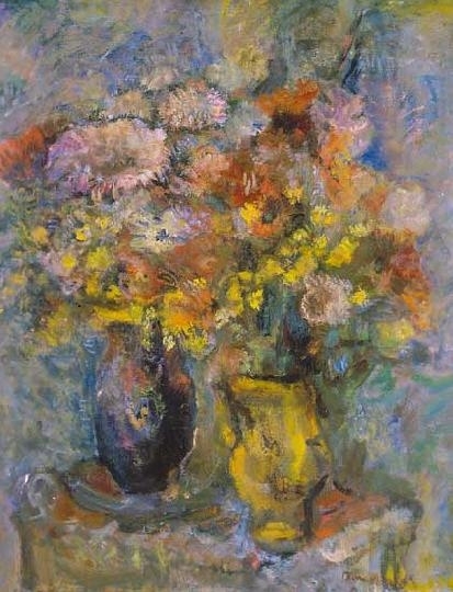 Diener Dénes Rudolf (1889-1956) Virágcsendélet kék és sárga vázákkal