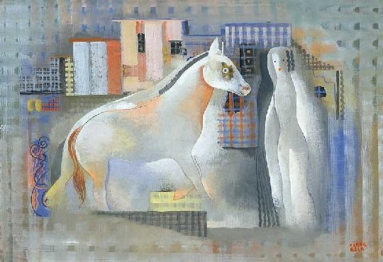 Kádár Béla (1877-1956) Városkép nőalakkal és lóval