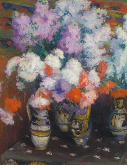 Vass Elemér (1887-1957) Lilacs in earthenware pots
