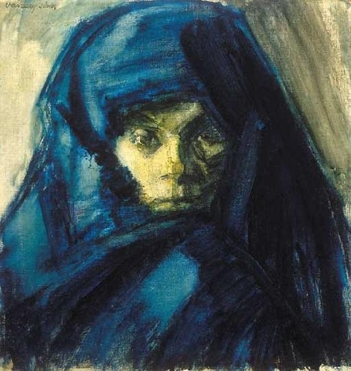 Vaszary János (1867-1939) Woman with blue kerchief (Kerchiefed woman), around 1918