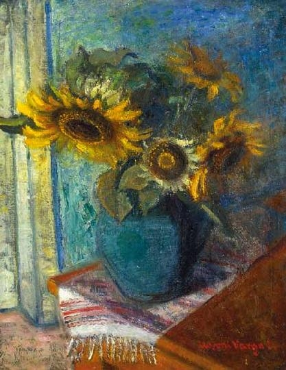 Ilosvai Varga István (1895-1978) Green still life with sunflowers