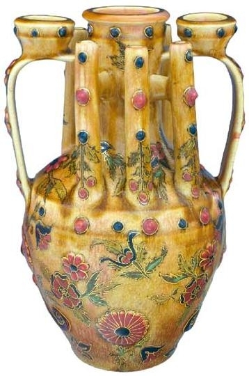 Zsolnay Vase with statuesque ornamental elements and historical decoration, Zsolnay, around 1883