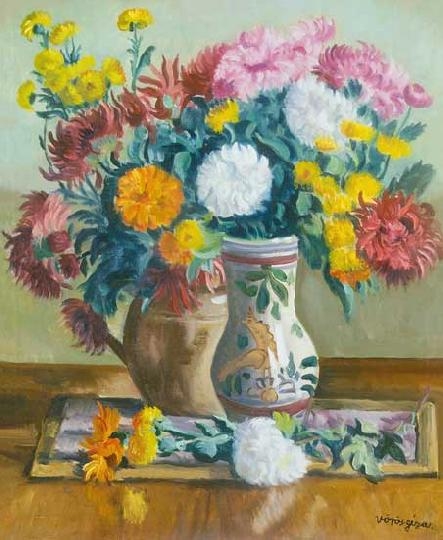Vörös Géza (1897-1957) Chrysanthemums in an earthenware pot
