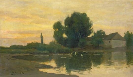 Edvi-Illés Aladár (1870-1958) Sunset lake-shore with ducks