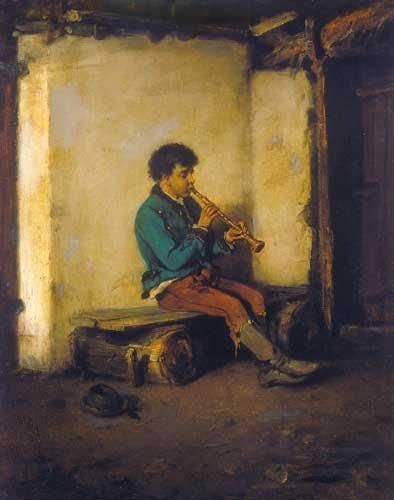 Böhm Pál (1839-1905) Little boy playing on a flute, 1902