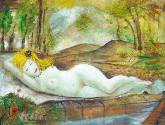 Klie Zoltán (1897-1992) Nude reclining among the leaves