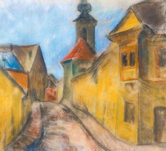 Perlrott-Csaba Vilmos (1880-1955) Street scene with church tower