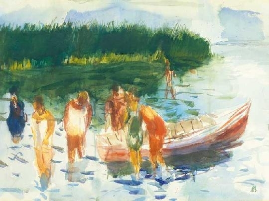 Bernáth Aurél (1895-1982) Bathers around a boat on the beach at Ábrahám Hill
