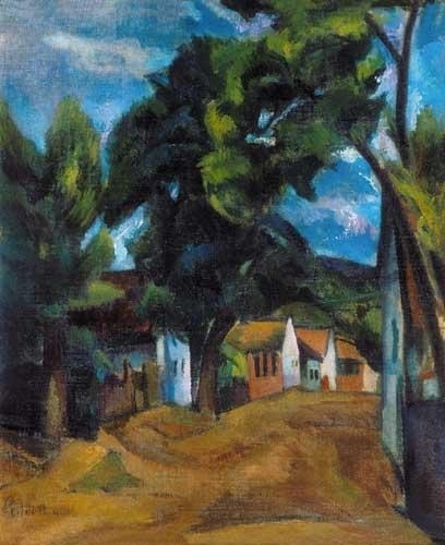 Perlrott-Csaba Vilmos (1880-1955) Street scene with trees, 1924   On the reverse: Saxon small town