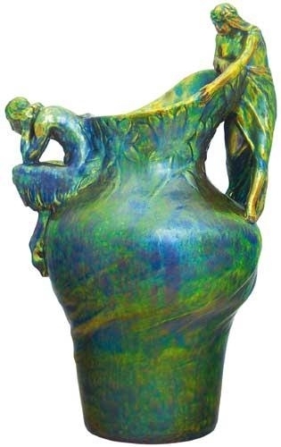 Zsolnay Vase with faun- and female figures, Zsolnay, around 1900, Design: Lajos Mack