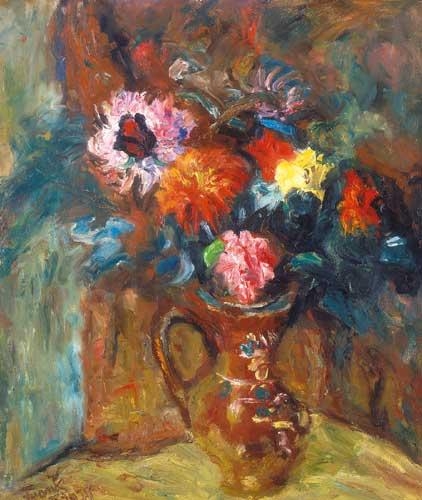 Frank Frigyes (1890-1976) Flowers in a brown jug