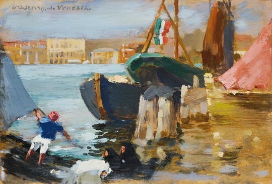 Vaszary János (1867-1939) Venice. Sailing boats on the  Riva degli Schiavoni, 1905