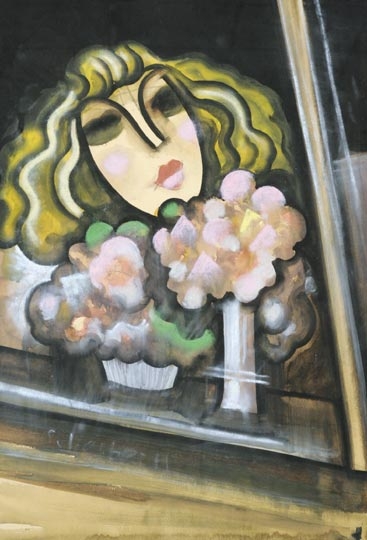 Scheiber Hugó (1873-1950) Nő virágos ablakban