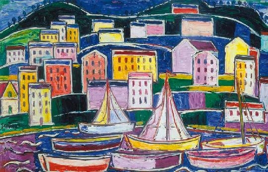 Jankay Tibor (1899-1994) Sailing boats with houses