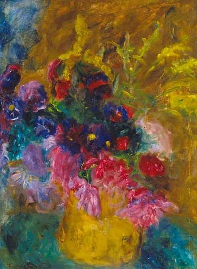 Frank Frigyes (1890-1976) Autumn flowers in a big yellow vase