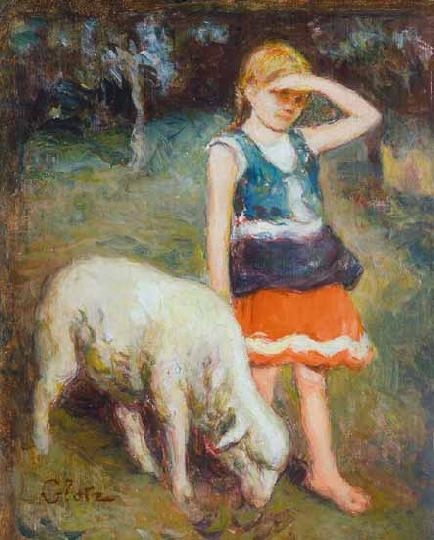 Glatz Oszkár (1872-1958) Little girl with lamb