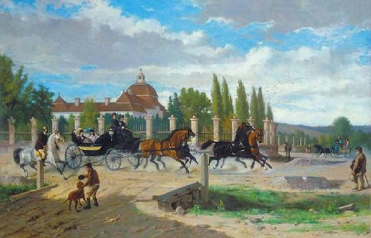 Magyar festő, 1876 Squire in a coach in front of the castle at Gernyeszeg