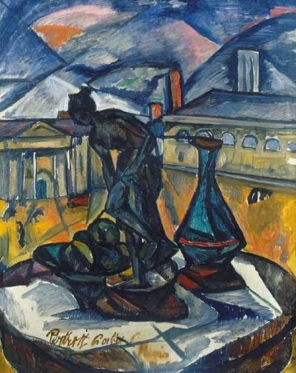 Perlrott-Csaba Vilmos (1880-1955) Still life with a statuette, with Paris in the background