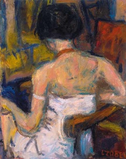 Czóbel Béla (1883-1976) The back of a sitting nude with red necklace
