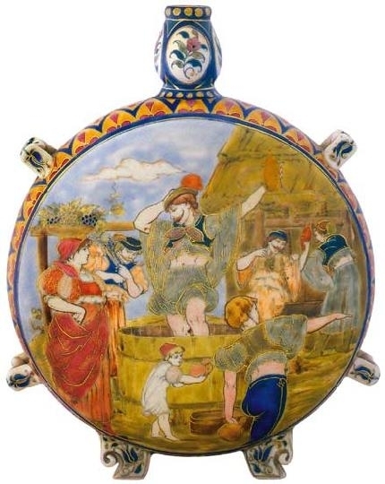 Zsolnay Flask with a harvest scene, Zsolnay, 1881 Decoration design: Ármin Kelin, restored at the mouth
