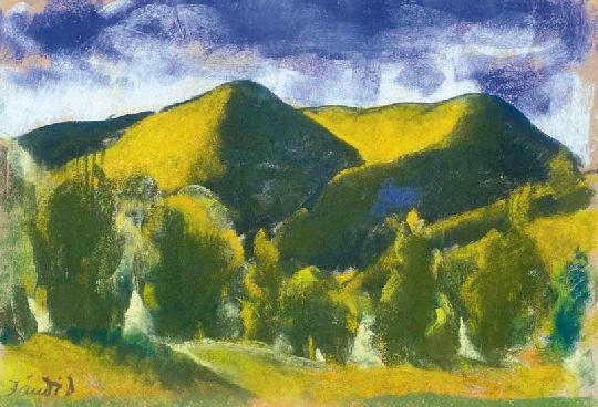 Jándi Dávid (1893-1944) Downy landscape with trees in the foreground