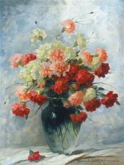 Henczné Deák Adrienne (1890-1956) Gillyflowers in a glass vase
