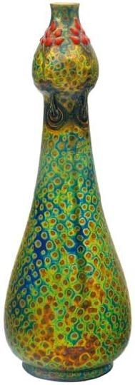 Zsolnay Vase with added ornaments, Zsolnay, around 1910.  form and decoration design: Sándor Apáti Abt, 1903, restored